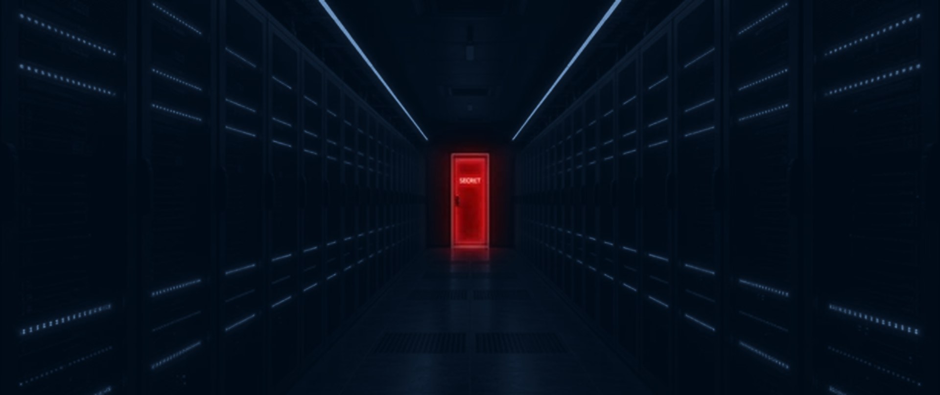 A dark server corridor with a red door at the end